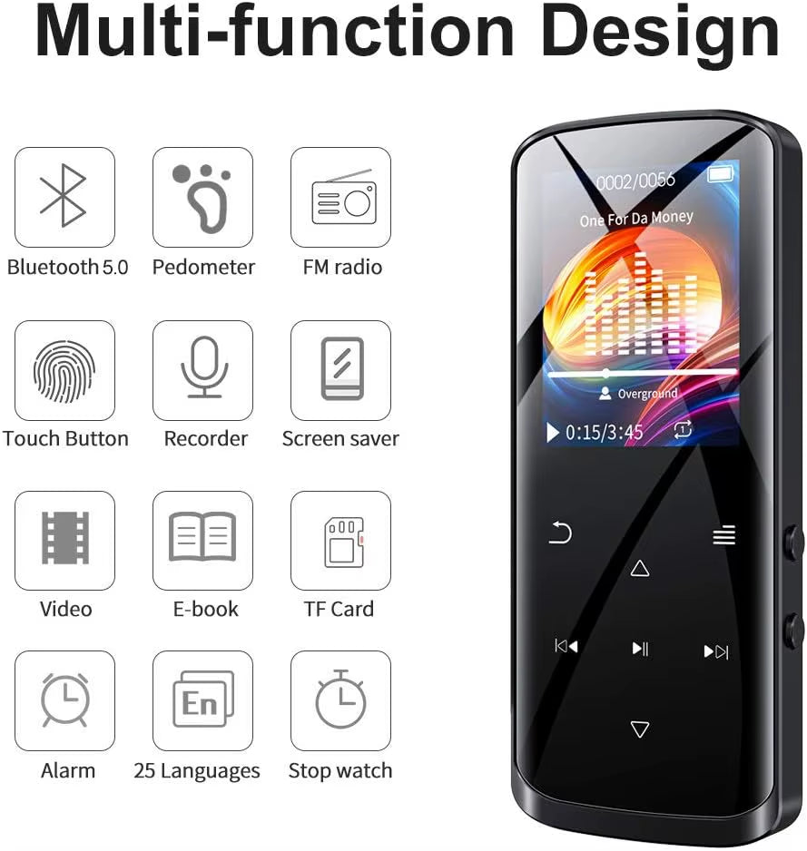 Lightweight portable music player size comparison showing compact design perfect for travel and workouts