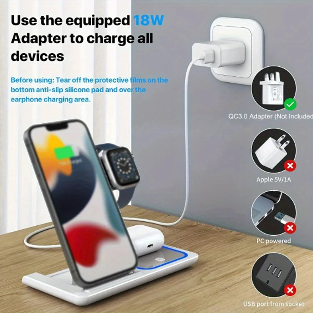 station de charge pliable 3 en 1,Support de chargeur rapide sans fil LED,  iPhone 15, 14, 13, 12, 11, Apple Watch 9, 8, 7, 6, 5,