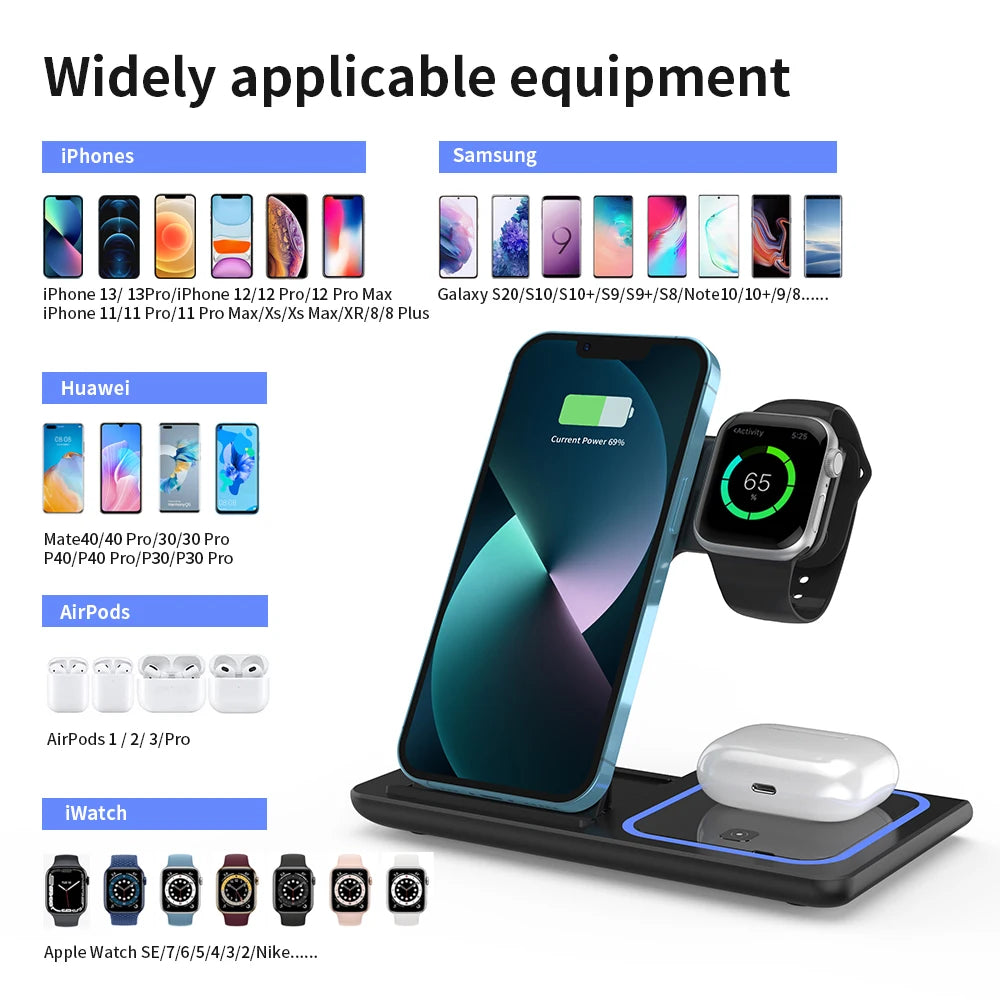 station de charge pliable 3 en 1,Support de chargeur rapide sans fil LED,  iPhone 15, 14, 13, 12, 11, Apple Watch 9, 8, 7, 6, 5,