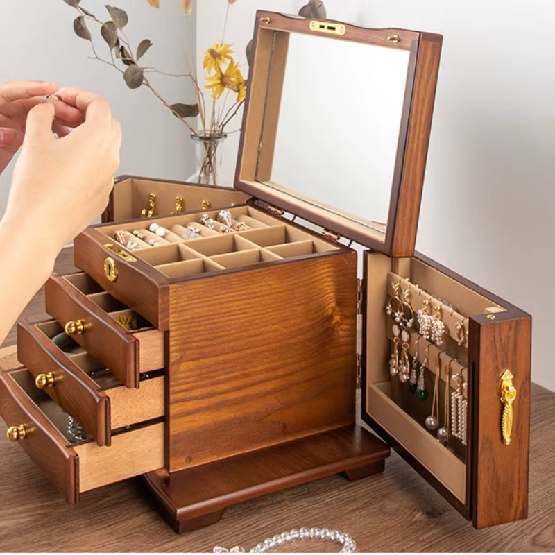 Wood Jewelry Box Big Size Ring Necklace Earrings Jewelry Box Organizer Drawer Bracelet Display Stand Women Accessories Storage