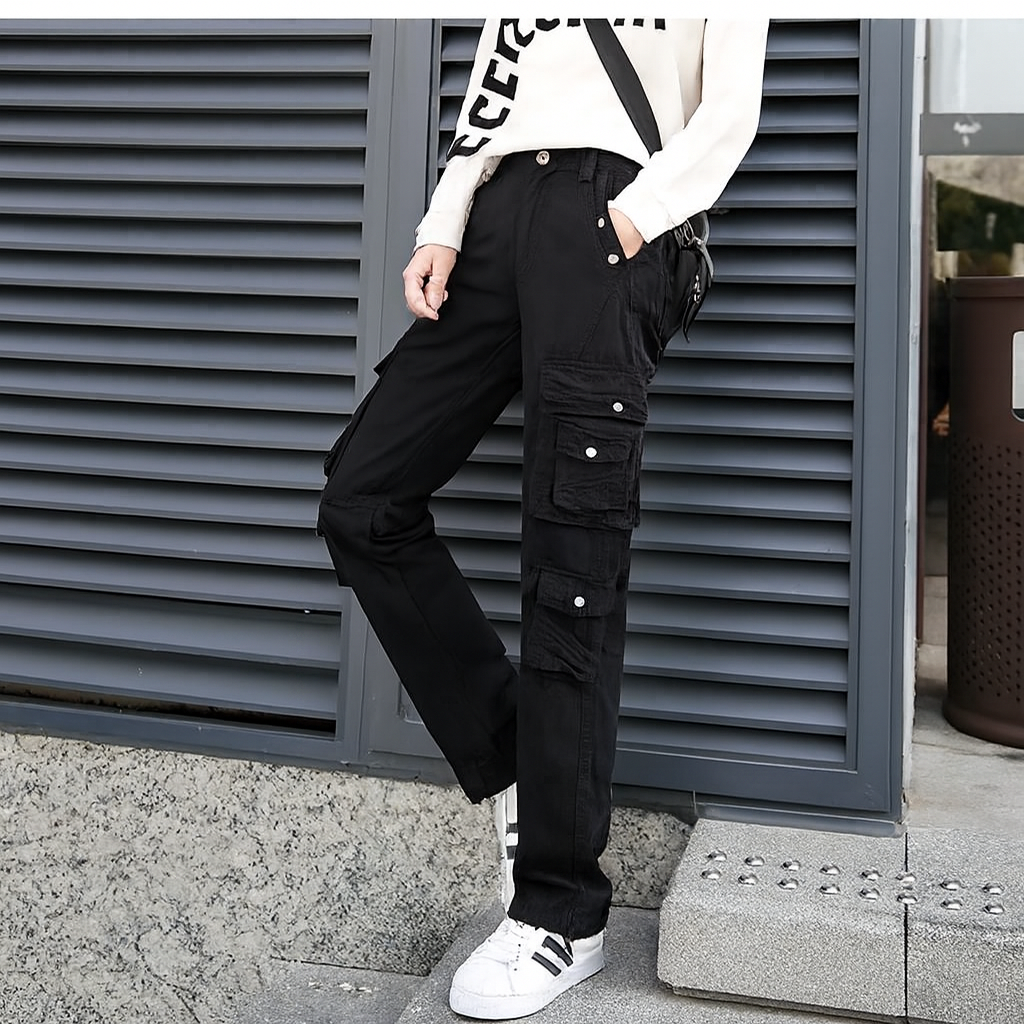 Black harem style cargo pants - back view