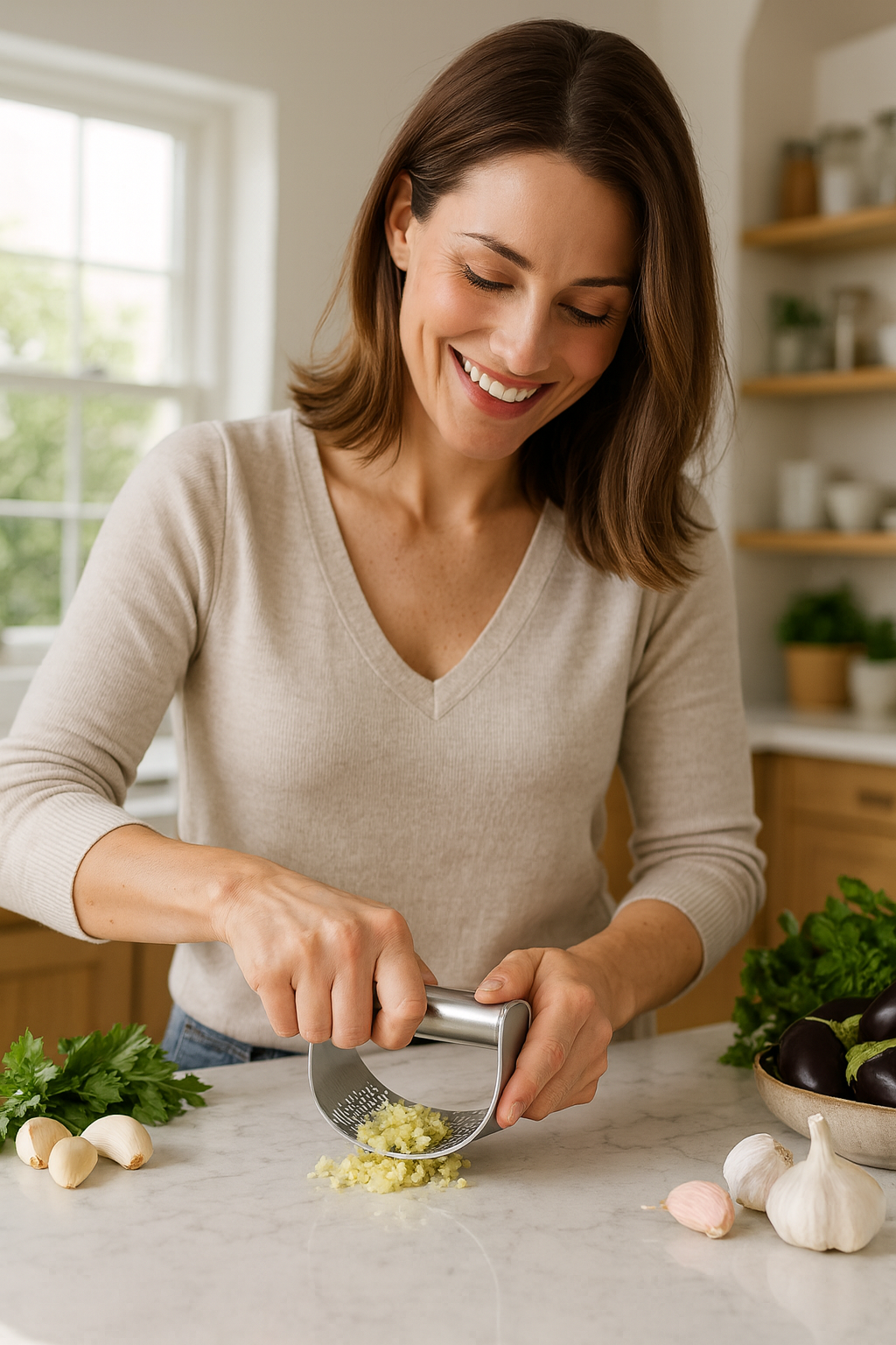 Manual garlic press squeezer close-up view