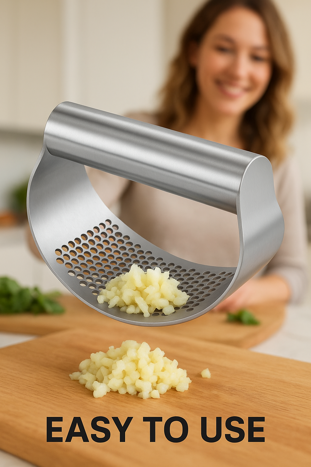 Manual garlic press squeezer close-up view