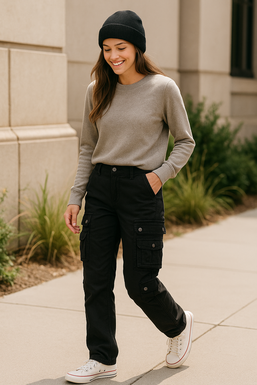 Black harem style cargo pants - back view