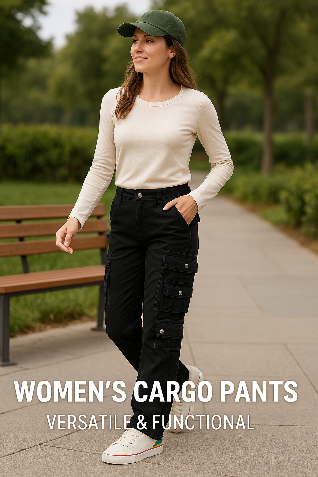 Black cargo pants for women - side detail view