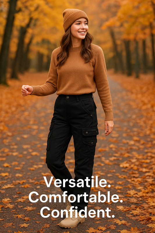 Women's black cargo pants with multiple pockets - front view