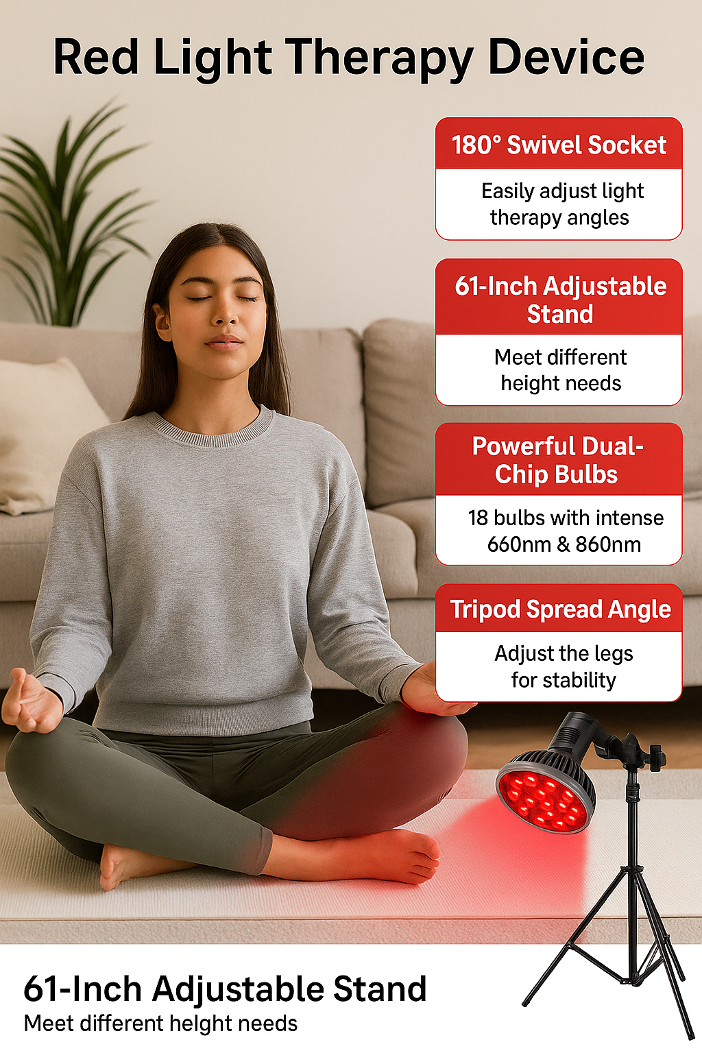 Red Light Therapy Lamp 660nm & 850nm - 54W LED Infrared Light with Adjustable Floor Stand
