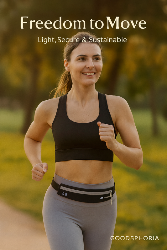 Woman wearing black running belt bag during outdoor fitness workout - hands-free phone storage