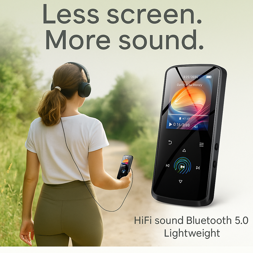 Portable music player with USB charging cable and earphones - Complete digital detox audio package
