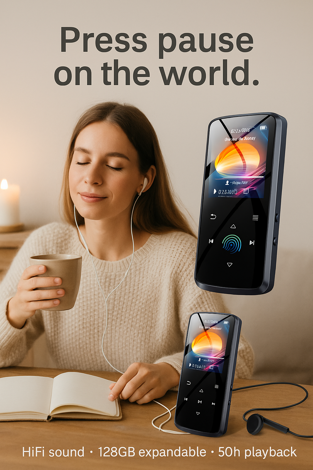 Lightweight portable music player size comparison showing compact design perfect for travel and workouts
