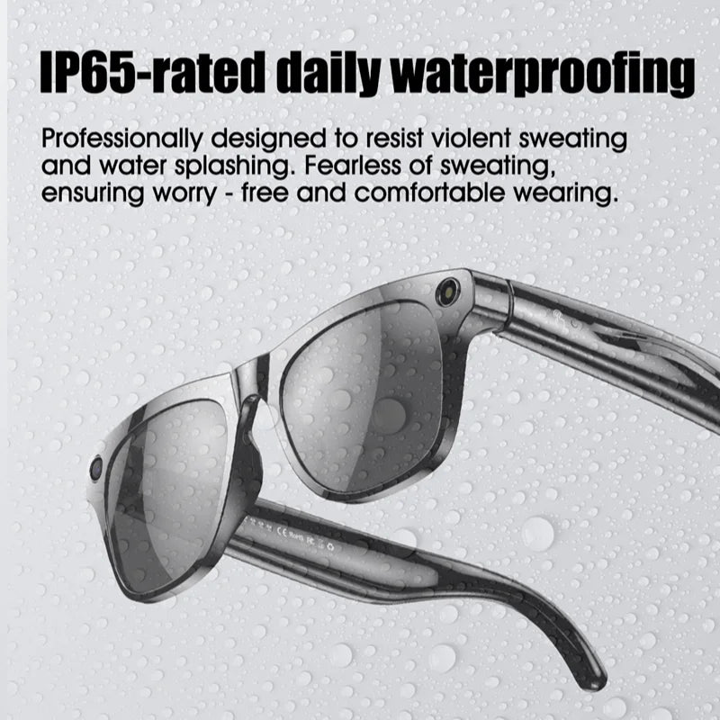Modern woman wearing smart glasses with voice assistant