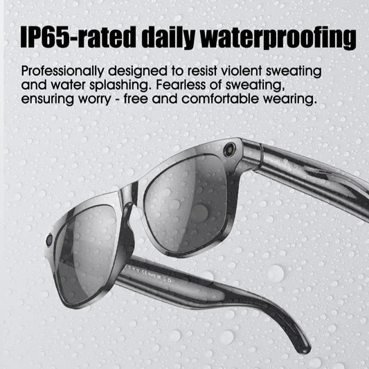 Modern woman wearing smart glasses with voice assistant