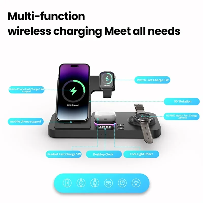 B50B-30W Digital Clock Wireless Charger RGB Night Light Fast Charging Station For Smartphone  Pro  Watch Stand