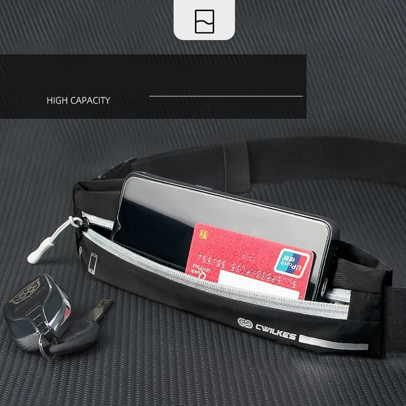 Black running belt bag with adjustable strap - lightweight fitness waist pack for phone and essentials