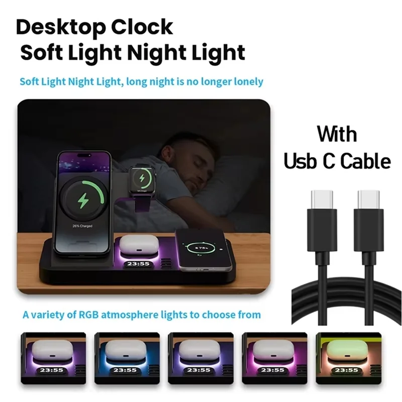 B50B-30W Digital Clock Wireless Charger RGB Night Light Fast Charging Station For Smartphone  Pro  Watch Stand