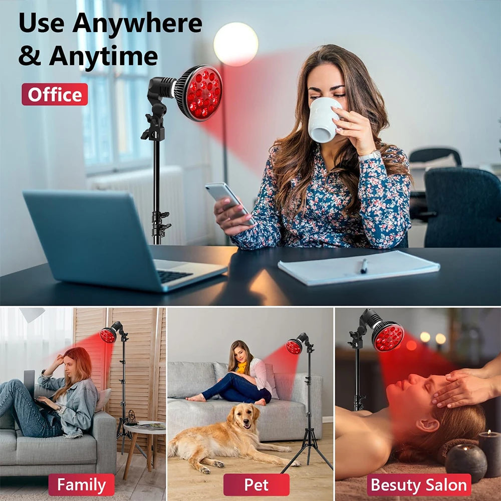 E27 LED Red 54W Light Therapy Lamp 660nm&850nm Infrared Bulb with Floor Stand for Skin Care Pain Relief 360° Adjustable