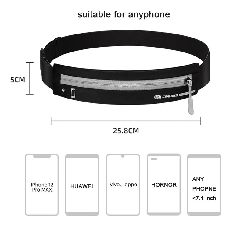 Running belt bag close-up showing hidden pocket compartments for phone, keys and cards