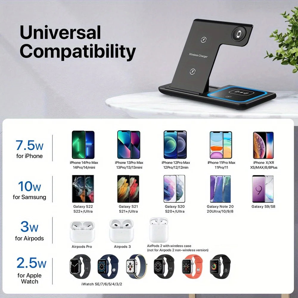 station de charge pliable 3 en 1,Support de chargeur rapide sans fil LED,  iPhone 15, 14, 13, 12, 11, Apple Watch 9, 8, 7, 6, 5,