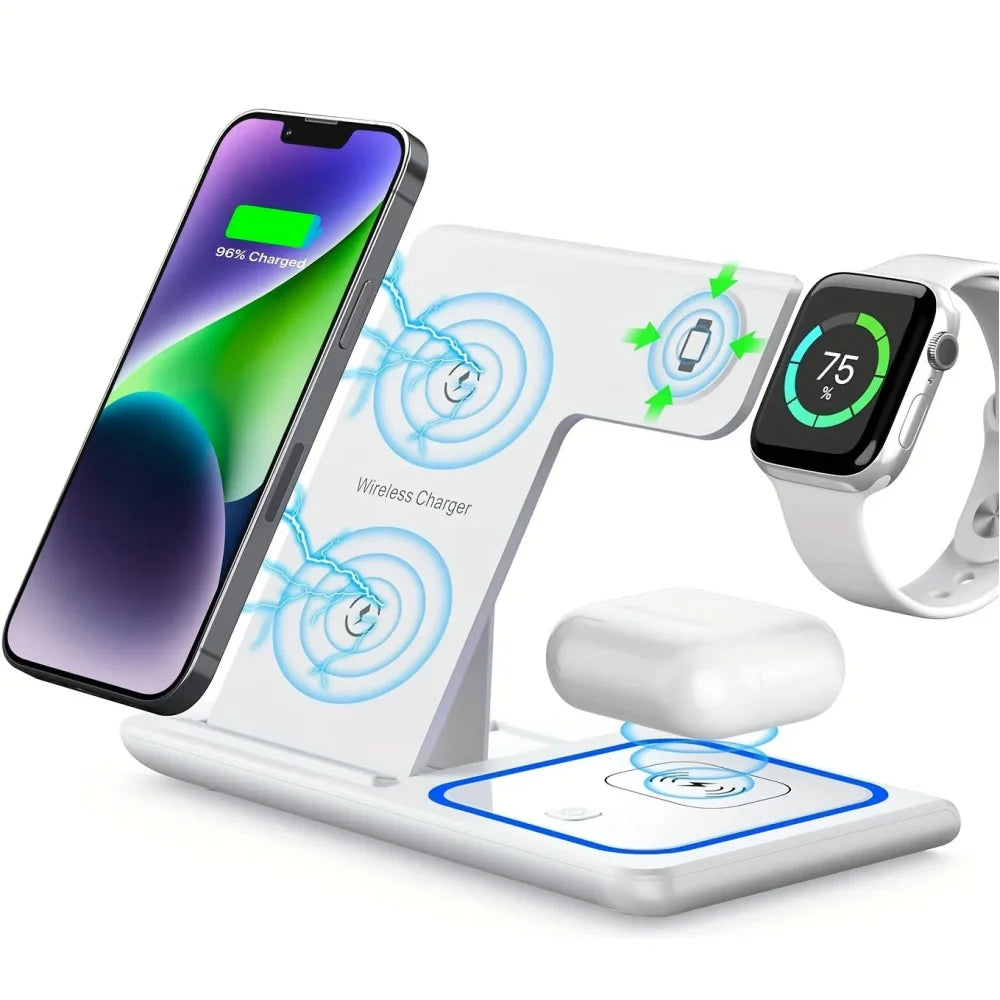 station de charge pliable 3 en 1,Support de chargeur rapide sans fil LED,  iPhone 15, 14, 13, 12, 11, Apple Watch 9, 8, 7, 6, 5,