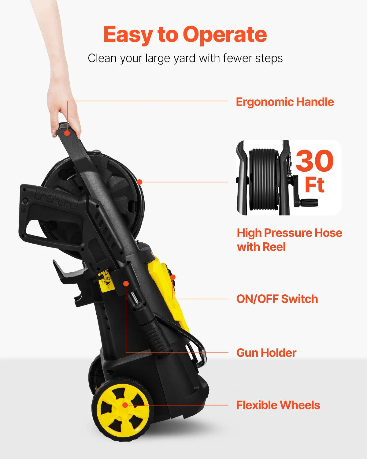 VEVOR Electric Pressure Washer, 2000 PSI, Max. 1.76 GPM Power Washer w/ 30 ft Hose, 5 Quick Connect Nozzles, Foam Cannon, Portable to Clean Patios, Cars, Fences, Driveways, ETL Listed