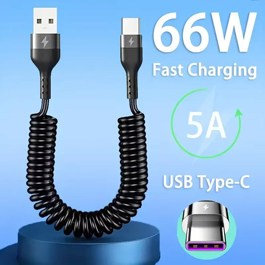 66W 5A USB Type C Cable Fast Charging Spring Telescopic PD60W Type C to USB C Phone Charge Cable for Huawei Xiaomi Redmi Honor