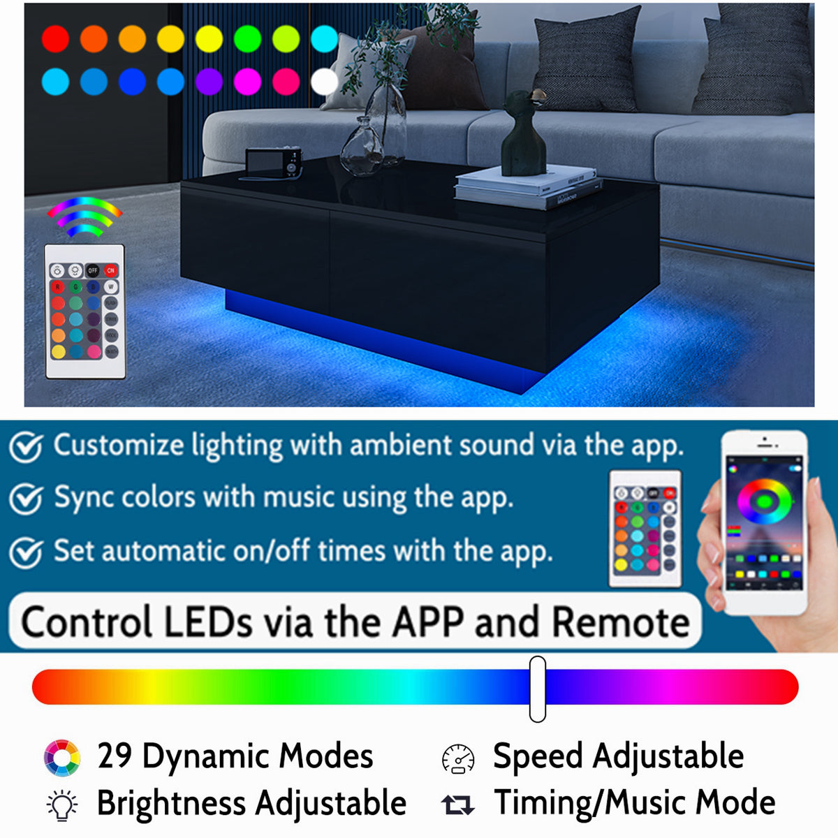 HOM012 - Transform Your Home: Versatile Black Coffee Table with LED Lights & Drawer Storage!