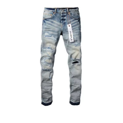 New Fashion Purple Jeans Man with Distressed Hole Patches Fashion Repair Low Rise Skinny Denim Pants 28-40 Size