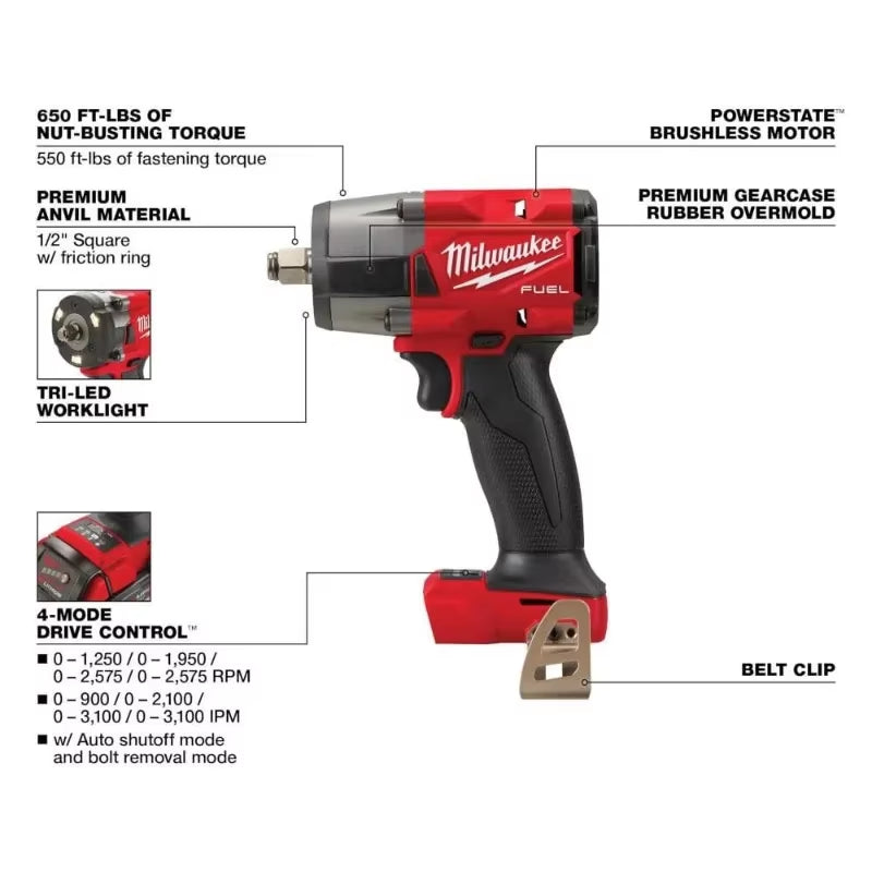M18 FMTIW2F12/2962 M18 FUEL™ 1/2" Mid-Torque Impact Wrench Brushless Cordless Friction Ring 18V Lithium Power Tools