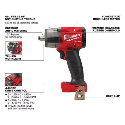 M18 FMTIW2F12/2962 M18 FUEL™ 1/2" Mid-Torque Impact Wrench Brushless Cordless Friction Ring 18V Lithium Power Tools