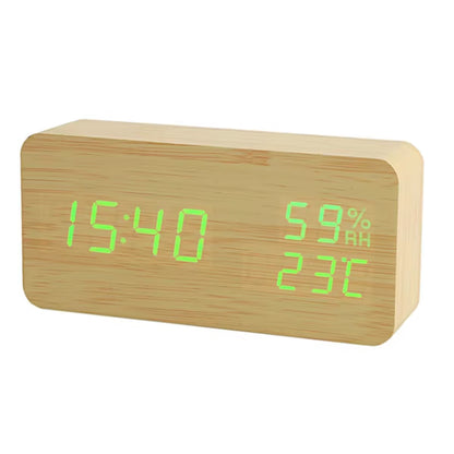 Alarm Clock LED Digital Wooden USB/AAA Powered Table Watch With Temperature Humidity Voice Control Snooze Electronic Desk Clocks