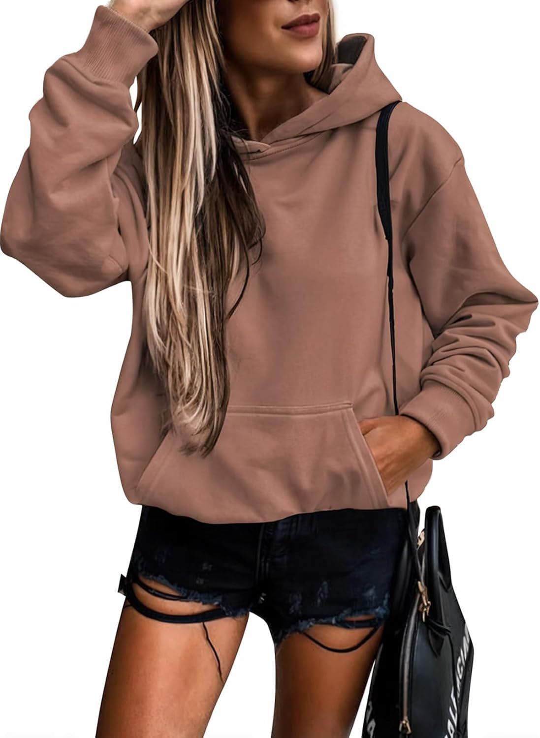 Womens Casual Hoodies Long Sleeve Solid Lightweight Pullover Tops Loose Sweatshirt with Pocket