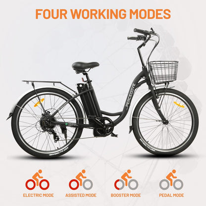 Citycruiser Electric Bike 26" E Bike 350W Motor Bicycles Removable 36V 10AH Lithium Battery Commute Step-Through Ebike Moped for Adults with Basket Shimano 7 Speed Gears