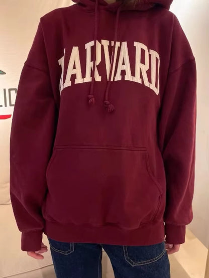 Casual Women Cotton Navy HARVARD Embroidered Hoodies 2023 Fall Vintage Long Sleeves Sweatshirts Female Loose Pullovers