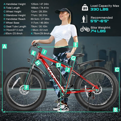 Electric Bike 26" x 4.0 Fat Tire Electric Bike 48V 500W All Terrain Electric Bike Long Range Electric Mountain Bike Beach Bike Snow Bike, UL2849 Certified