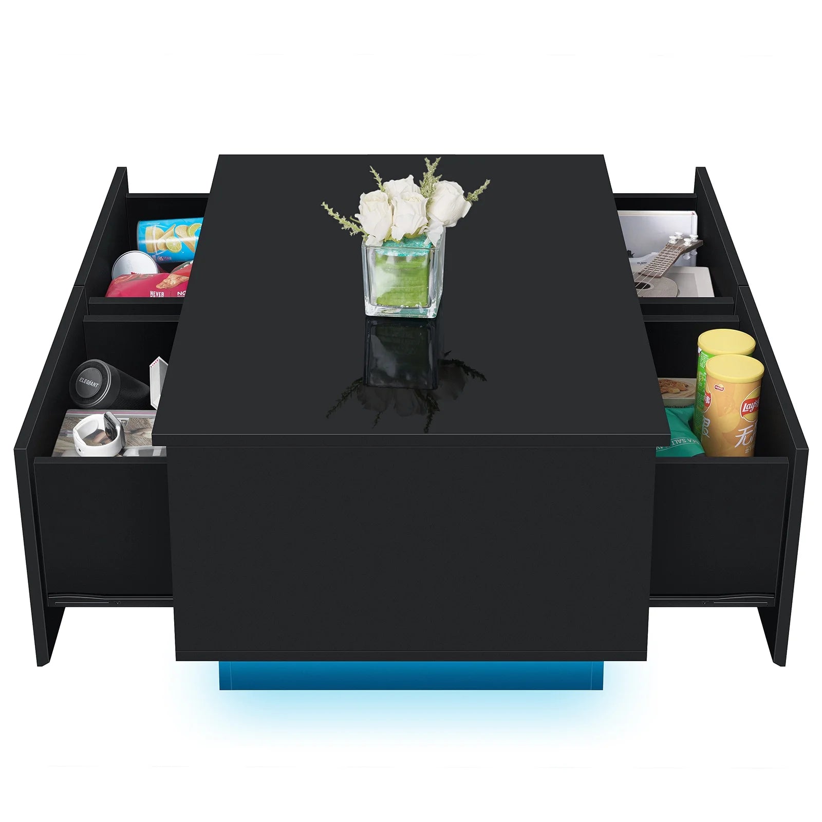 HOM012 - Transform Your Home: Versatile Black Coffee Table with LED Lights & Drawer Storage!