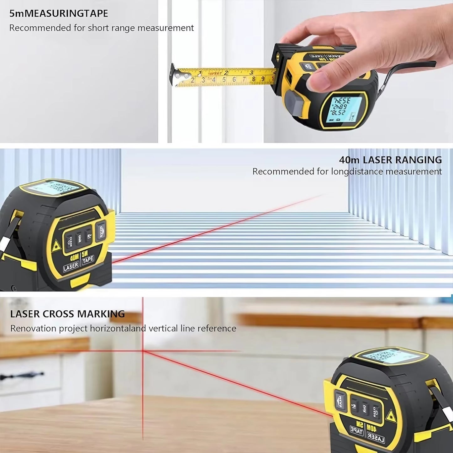 3-in-1 Laser Tape Measure 40/60M Meters Infrared Laser Distance Measuring Smart Energy Ruler High Precision Measuring Instrument