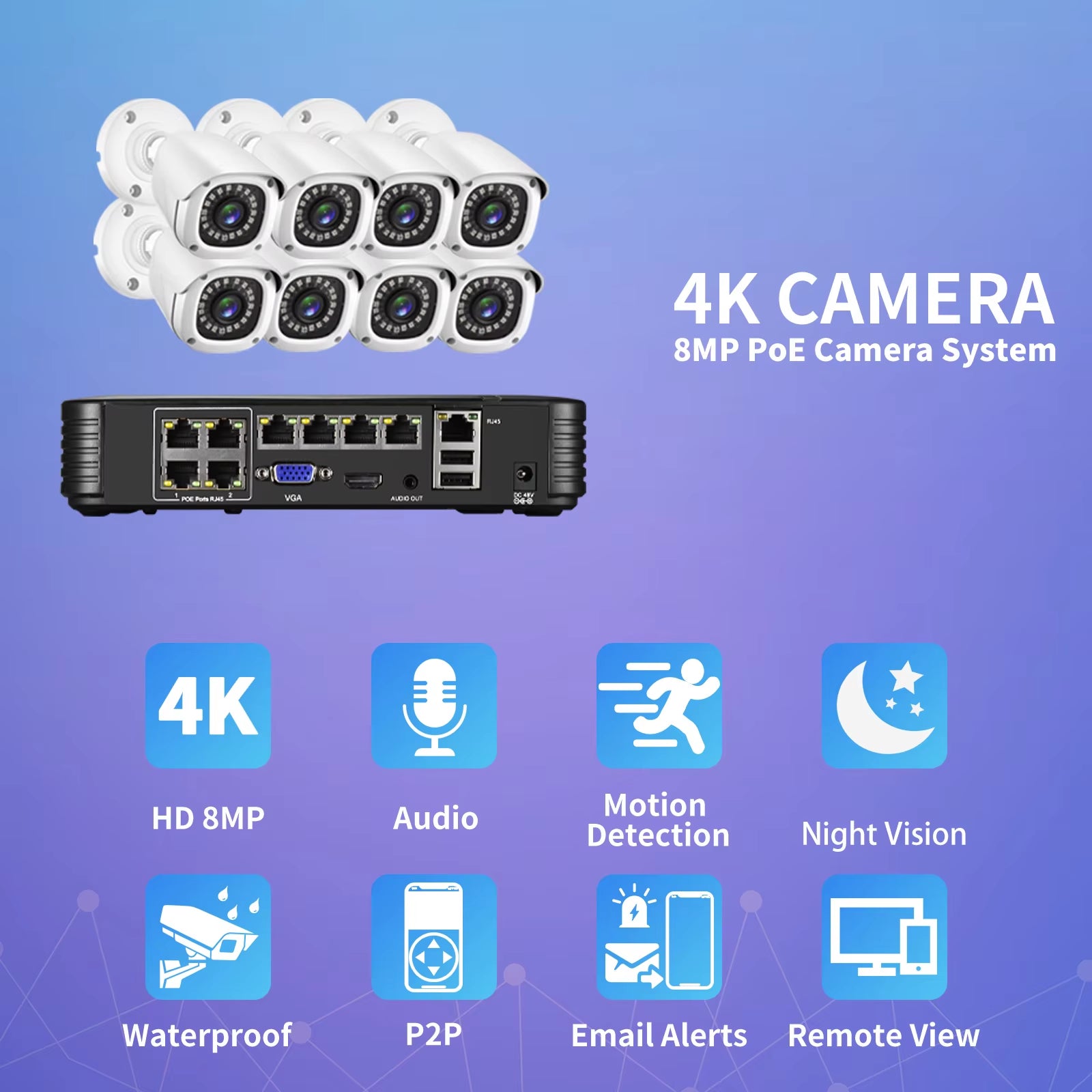 H.265+ POE Security Camera System Kit Audio Record 8MP Face Detect Surveillance IP Camera IR Outdoor Waterproof CCTV Video Set