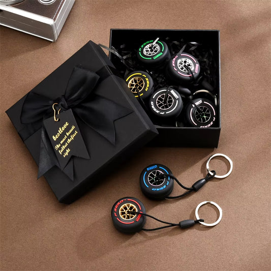 Gift Box + 7 Color F1 Tire Keychains Charm Luxury Racing Type Tire Pendant Set Racing Lovers Collectibles Unisex Car Key Ring