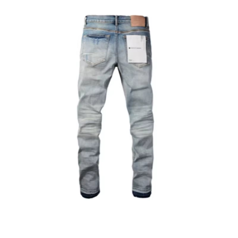 New Fashion Purple Jeans Man with Distressed Hole Patches Fashion Repair Low Rise Skinny Denim Pants 28-40 Size