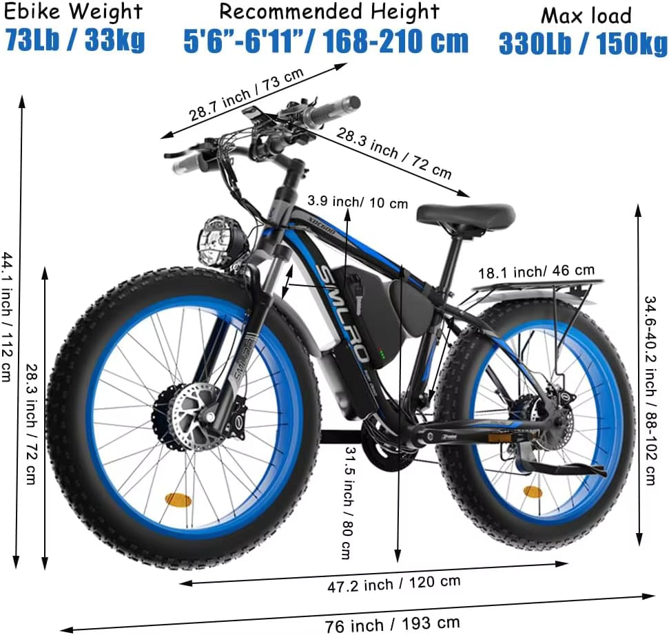 2000W Fat Tire Electric Bike 48V 22Ah 26" Electric Mountain Bikes 55km/h Ebike for Adults 21 Speed Hydraulic Brakes