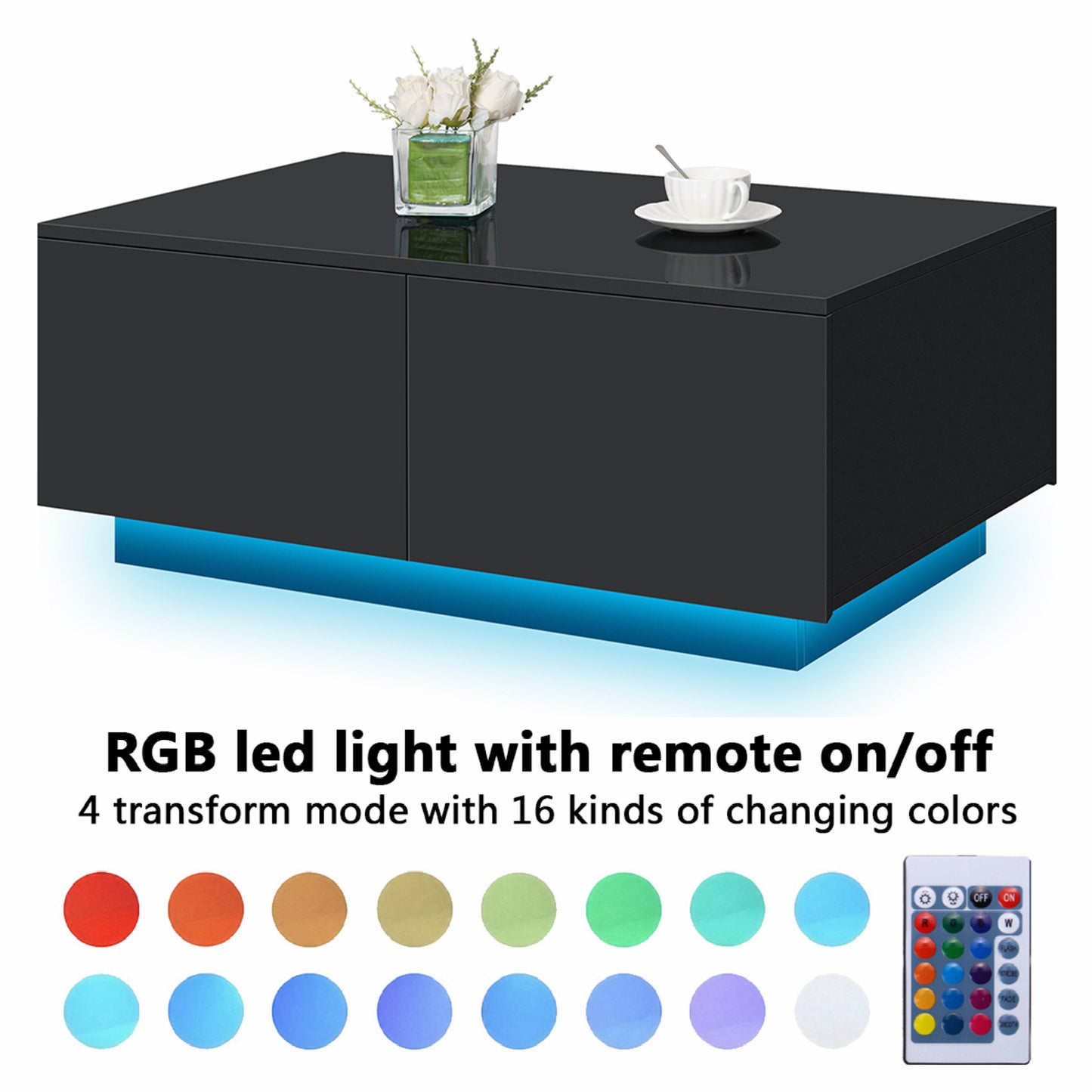 HOM012 - Transform Your Home: Versatile Black Coffee Table with LED Lights & Drawer Storage!