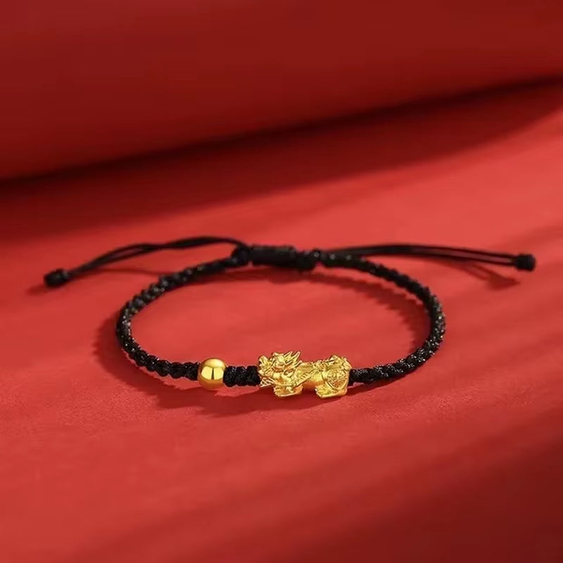 9999 Real Gold 24K Yellow Gold Cai Pi Xiu Bracelet Benmingnian Red Rope Bracelet