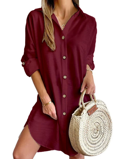 Women's Solid Color Dress 2024 Spring Summer Commuting Style Casual Long Sleeve Polo Button Up Shirt Dress Fashion Mini Dress