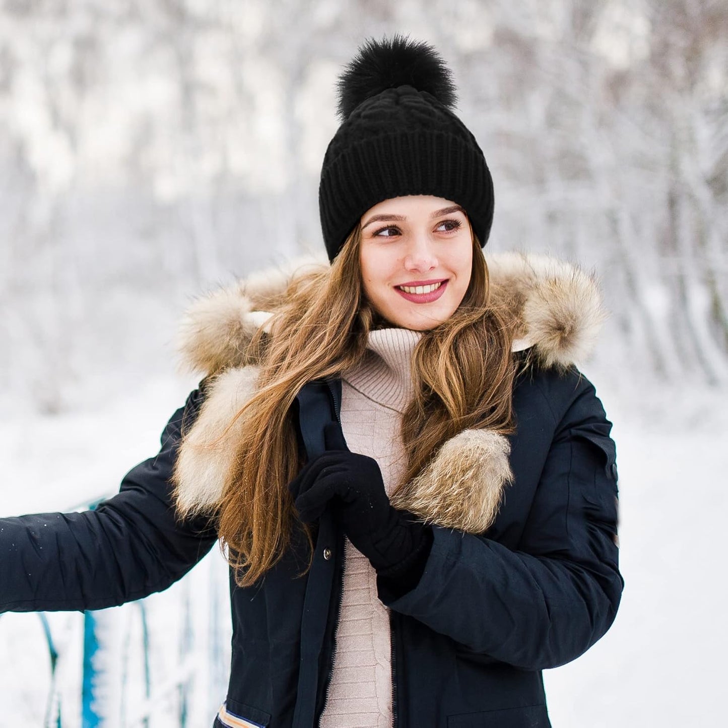 Women's Winter Soft Knit Beanie Hat with Faux Fur Pom Pom Warm Skull Cap Beanies for Women