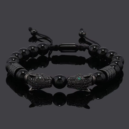 Luxury Black Stone Beads Man Bracelet Leopard Head Charms Women Bracelets Couple Jewelry Valentine'S Day