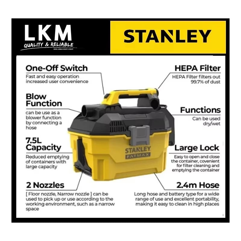 STANLEY SCV002 Rechargeable Vacuum Cleaner 20v 7.5L Car Home Cleaning Construction Site Professional Wet-Dry Vacuums Power Tools