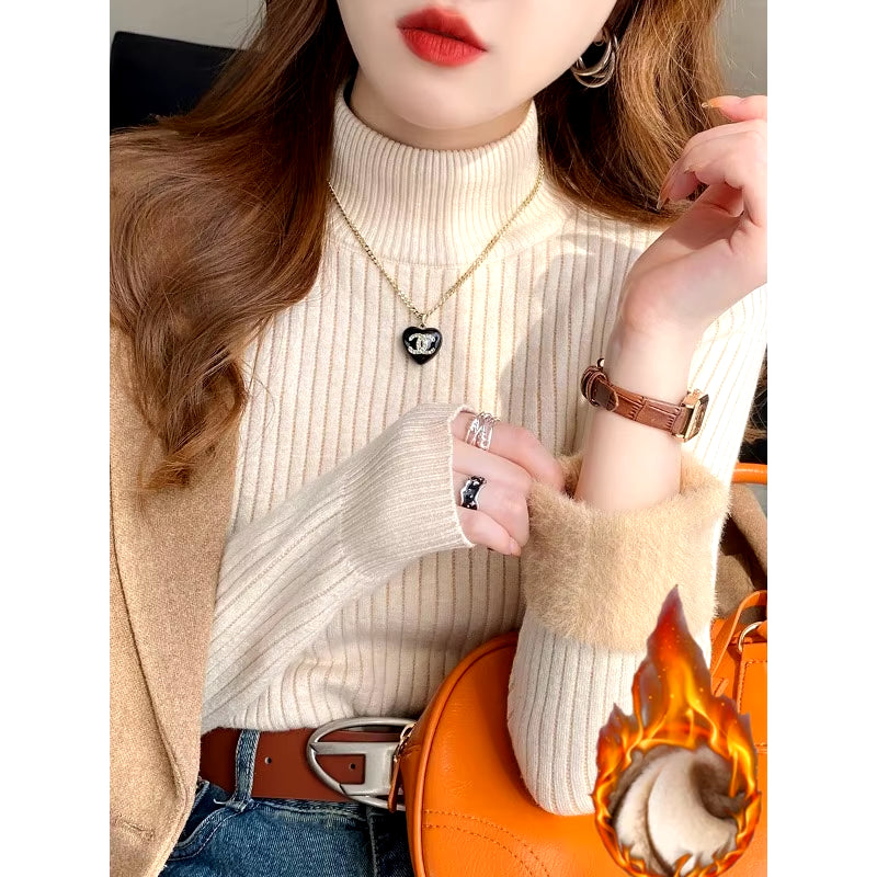 Women'S Turtleneck Sweater Winter 2024 Retro Red with Velvet Lining Thickened Inner Wear Thermal Knitting Bottoming Shirt