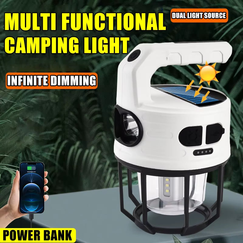 Multifunctional Portable Camping Light Solar And USB Charging LED Flashlight Stepless Dimmable Outdoor Camping Hanging Tent Lamp