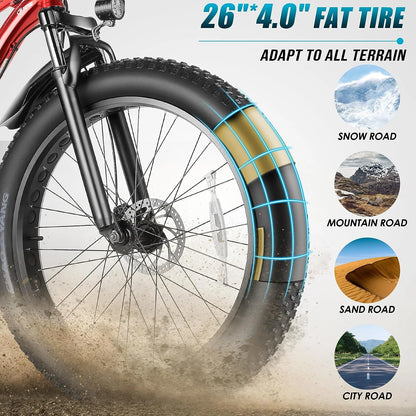 Electric Bike 26" x 4.0 Fat Tire Electric Bike 48V 500W All Terrain Electric Bike Long Range Electric Mountain Bike Beach Bike Snow Bike, UL2849 Certified