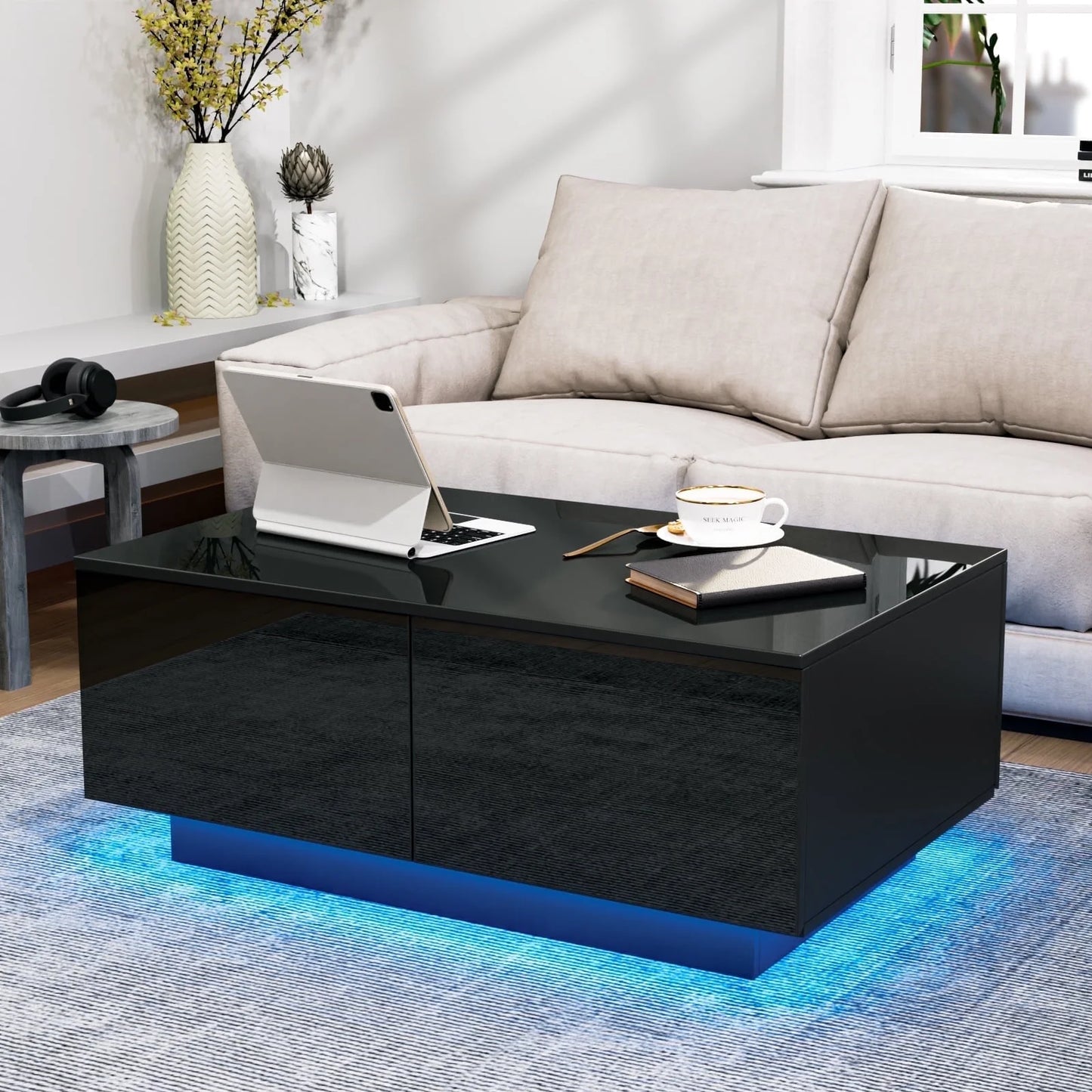 HOM012 - Transform Your Home: Versatile Black Coffee Table with LED Lights & Drawer Storage!